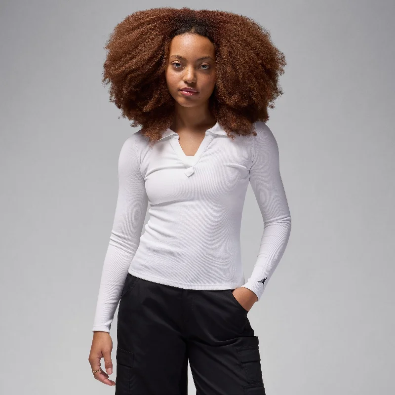 Jordan Long Sleeve White Knit Fitted Top Women's work jackets