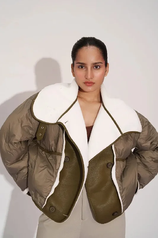 Retro Olive Double Breasted Puffer Jacket Women's H&M jackets