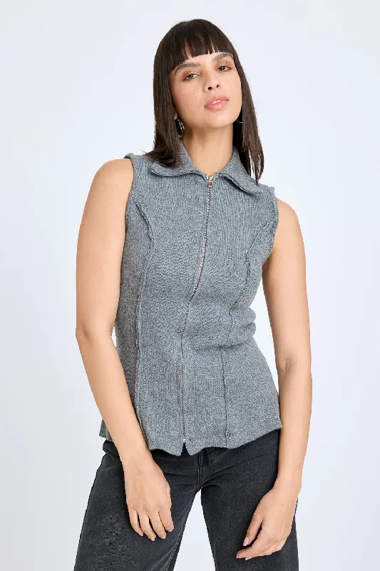 Grey Sleeveless Collared Jacket Women's ski jackets