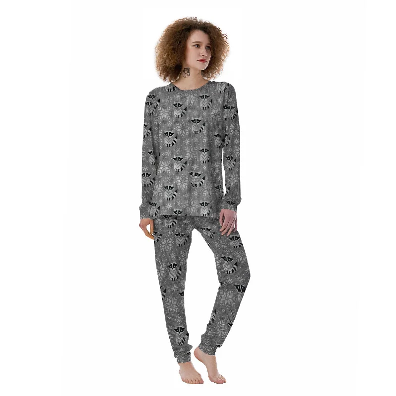 Raccoon Knitted Print Pattern Women's Pajamas Travel pajama sets