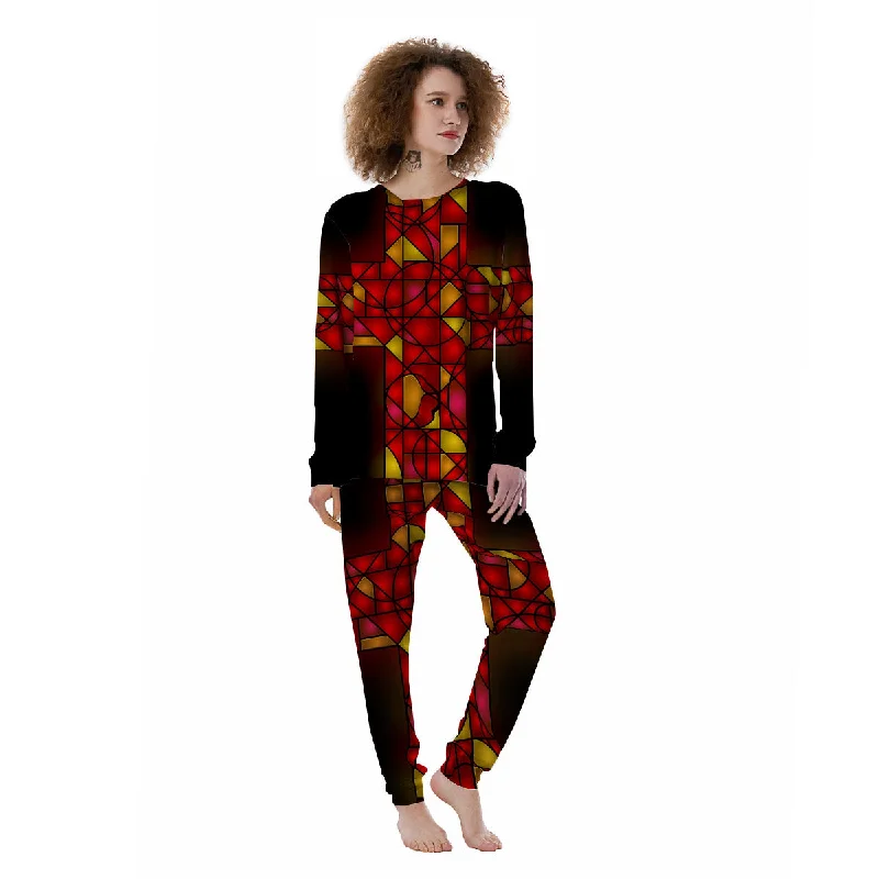 Red And Orange Cross Stained Glass Print Women's Pajamas Best-selling pajama sets 2024