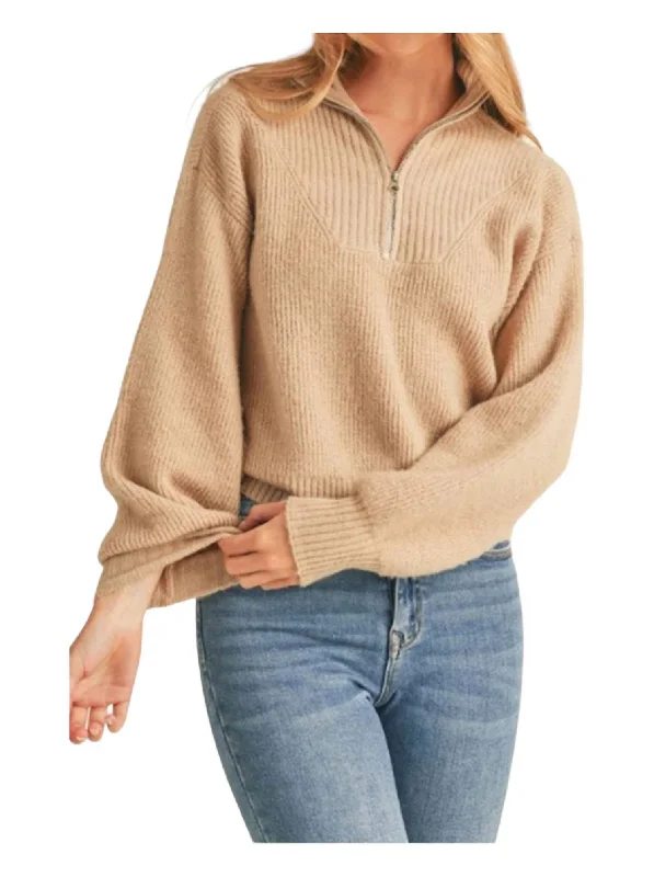 Ashley Half Zip Pullover Sweater In Beige Acrylic sweaters