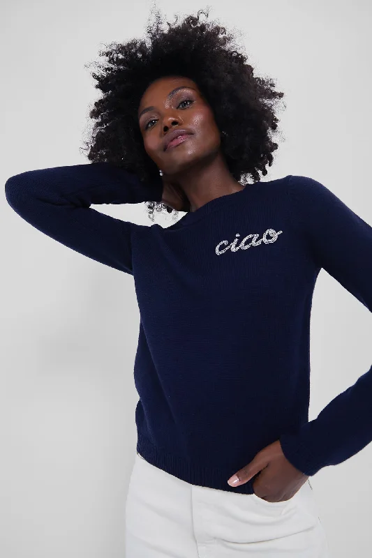 Navy Crewneck Ciao Beaded Sweater Warmest sweaters for extreme cold