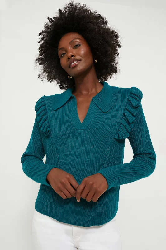 Teal Ruffle Casey Collared V-Neck Sweater Zip-up sweaters