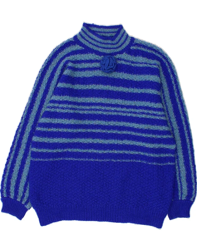 VINTAGE Womens Turtle Neck Jumper Sweater UK 16 Large Blue Striped Turtleneck sweaters