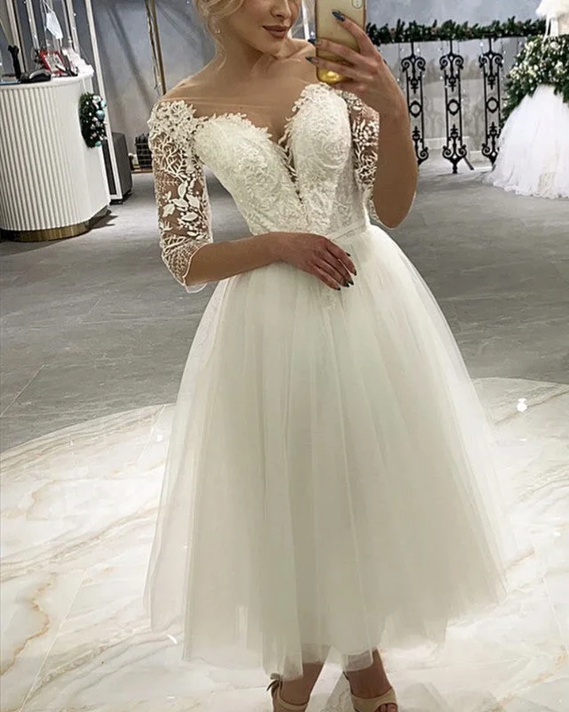 Tulle Tea Length Wedding Dress With Lace Sleeves Beaded Wedding Gown