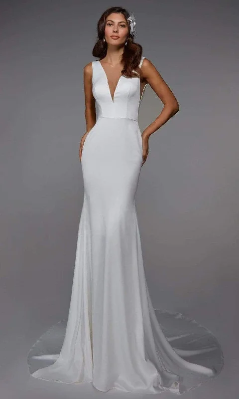 Alyce Paris - 7021 V Neck Crepe Bridal Dress Modern Wedding Gown