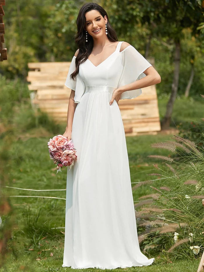 Double V Neck Cold Shoulder Flowy Chiffon Outdoor Wedding Dress Vintage Style Dress