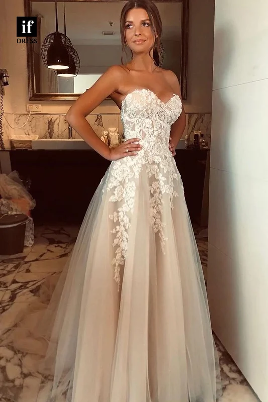 31600 - Distinctive A-Line Off-Shoulder V-Neck Appliques Lace Wedding Dress Strapless Lace Dress