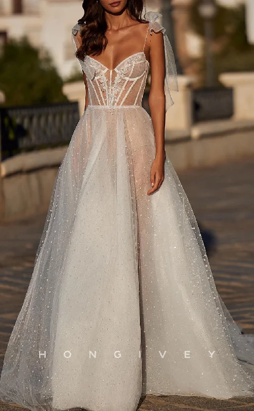 H1674 - V-Neck Spaghetti Straps A-Line Sheer Tulle Sequined Wedding Dress Mermaid Wedding Gown