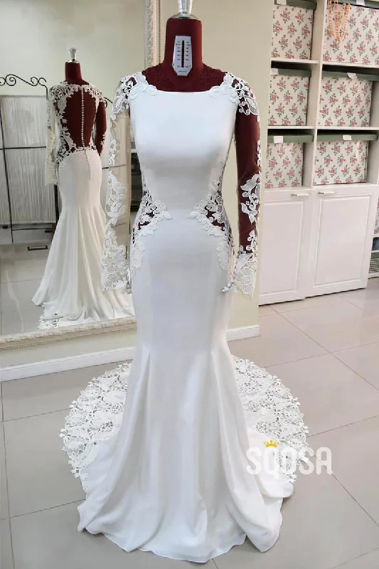 Mermaid Wedding Dress Chic Lace Appliques Long Sleeves Country Wedding Gown QW2453 Elegant Satin Dress