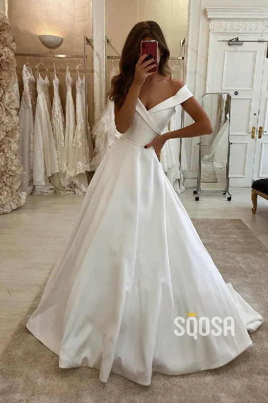 Unique Off-Shoulder Ivory Satin Simple A-line Wedding Dress QW2541 Sparkling Wedding Dress