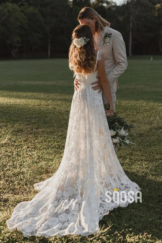 A-line Sweetheart Allover Lace Wedding Dress Bohemian Wedding Dress QW2692 Silk Wedding Gown