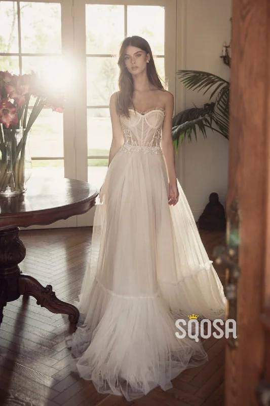 A-Line Straples Tulle Illusion Applique Casual Wedding Dress Bridal Gowns QW8046 Off-shoulder Bridal Gown