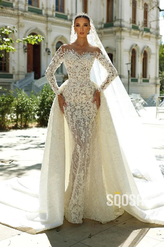 Off-Shoulder Applique Long Sleeves Court Train Wedding Dress Bridal Gowns QW8047 Floral Wedding Gown