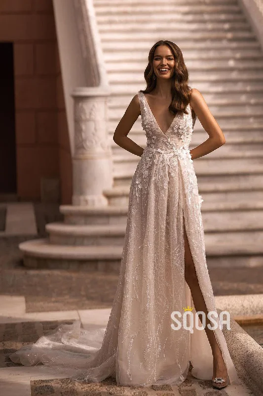 Sparkly V-Neck Applique Court Train Wedding Dress Bridal Gowns With Split QW8048 Satin Bridal Gown