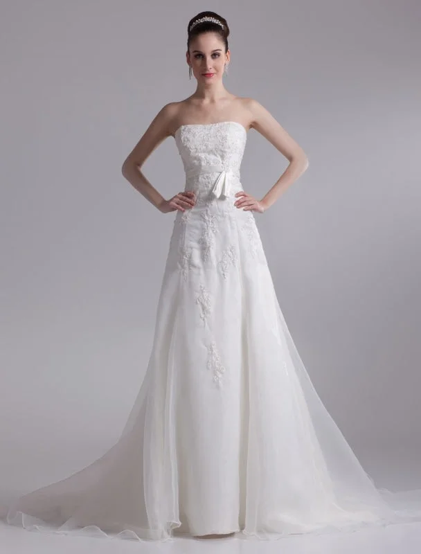 Elegant Ivory A-Line Strapless Rhinestone Tulle Bridal Wedding Dress Sexy Lace Gown