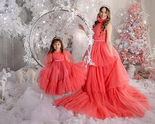 G662, Watermelon  Ruffled Shoot  Gown, Size (All) pp Open Back Dress