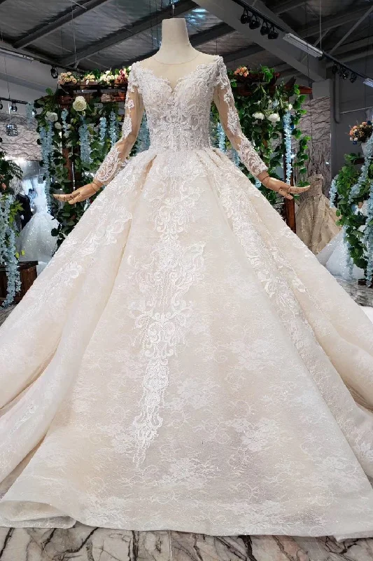 Gorgeous Long Sleeves Ball Gown Wedding Dresses With Beading Appliques Princess Bridal Dress