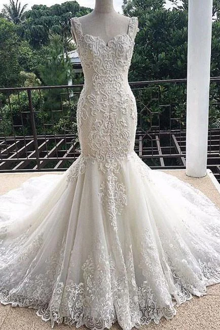 Gorgeous Mermaid Sweetheart Sleeveless Lace Tulle Long Wedding Dress Lace Bridal Dress N384 Wedding Dress Long