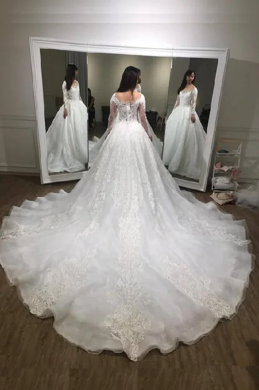 Luxurious Ball Gown Long Sleeves Court Train White Lace Applique Wedding Dress N429 White Lace Gown