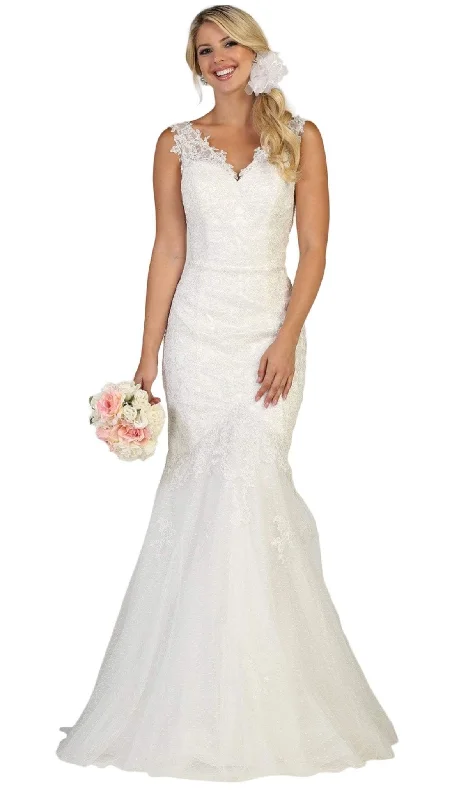 May Queen - MQ1598 Embroidered V-neck Mermaid Dress With Train Strapless Wedding Gown