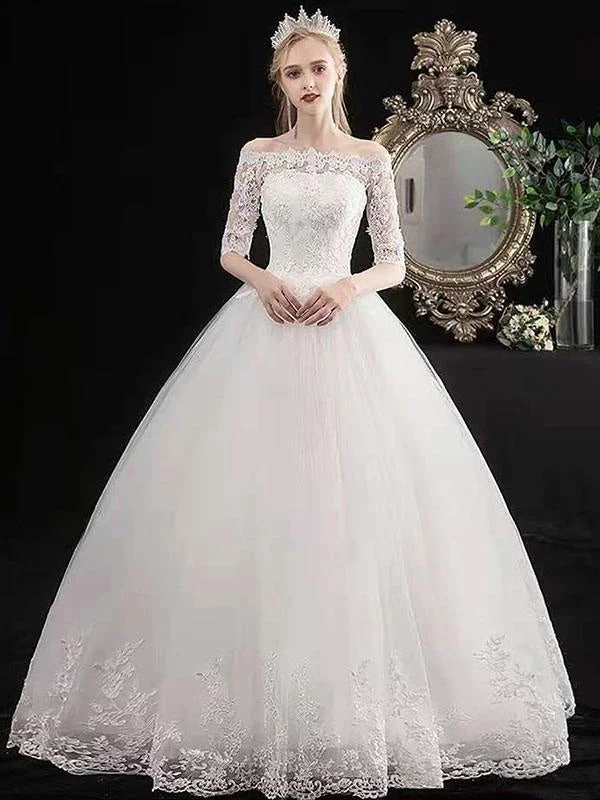 New Cheap Wedding Dresses Eric White Off The Shoulder Half Sleeves Ball Gown Soft Tulle Lace Up Floor Length Bride Dresses Romantic Lace Dress