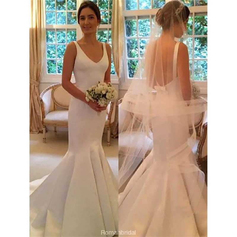 Newest Mermaid V-neck Simple Backless Wedding Dresses With Train, WD0405 Mermaid Style Gown