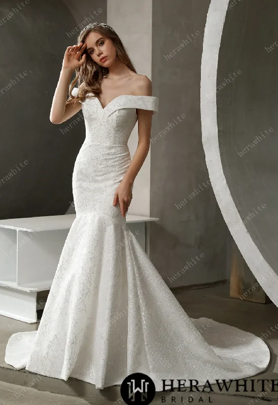 Off The Shoulder Mermaid Bridal Gown with Long Train Soft Satin Bridal