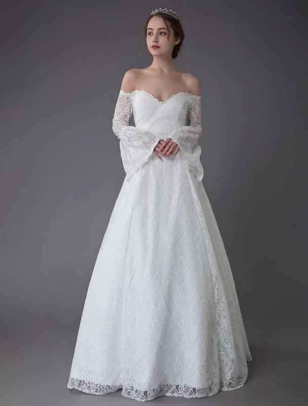 Princess Wedding Dresses Lace Off The Shoulder Long Sleeve A Line Floor Length Bridal Gown Exclusive A-line Bridal Dress