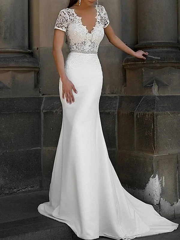 Simple Wedding Dress Mermaid Lace V Neck Short Sleeves Beaded Sash Bridal Dresses With Train Sexy Satin Gown