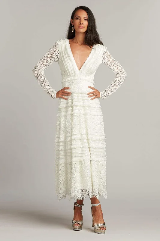 Tadashi Shoji - Long Sleeve Deep V Neck A-Line Dress Elegant A-line Gown