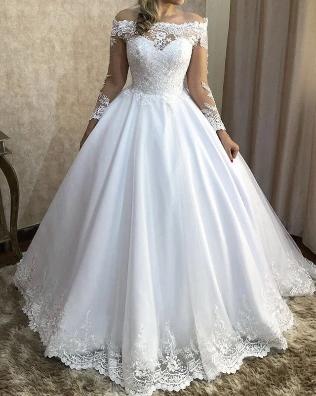 Tulle Off Shoulder Wedding Dress Ball Gown Lace Sleeves Satin Wedding Dress