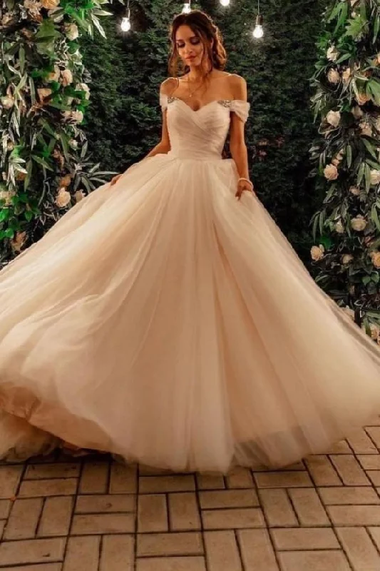 Tulle Off-the-Shoulder A-Line Long Wedding Dress with Chapel Train Chic Lace Dress