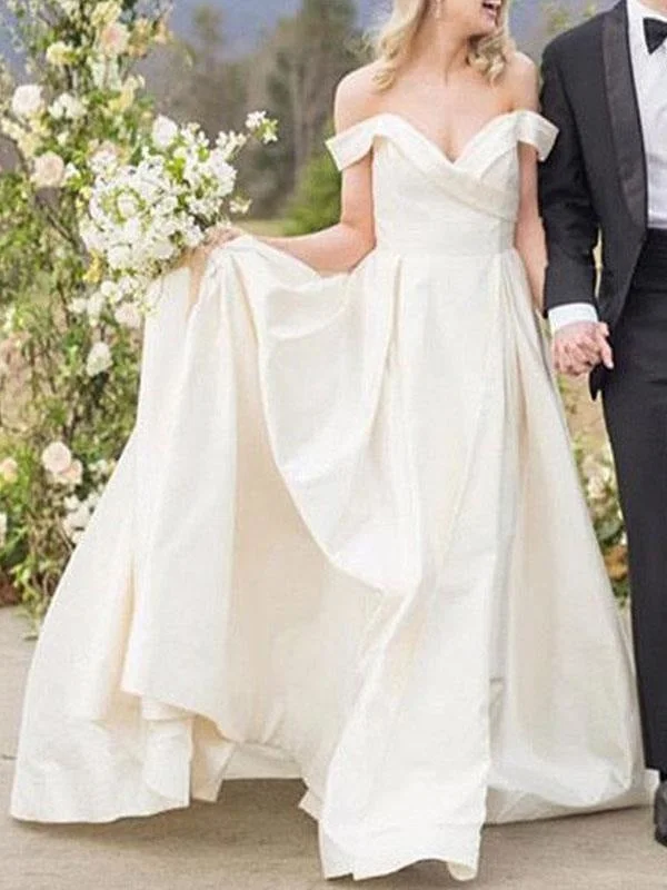 Vintage Wedding Dresses Off The Shoulder Sleeveless Natural Waist Satin Fabric Court Train Sash Bridal Dress Romantic Wedding Dress