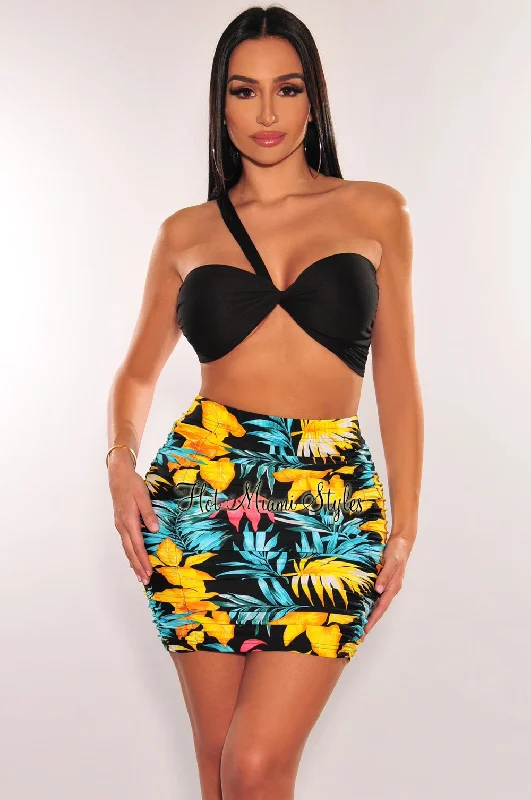 Black Floral Print High Waist Ruched Cover Up Skirt Corset unclassified skirts