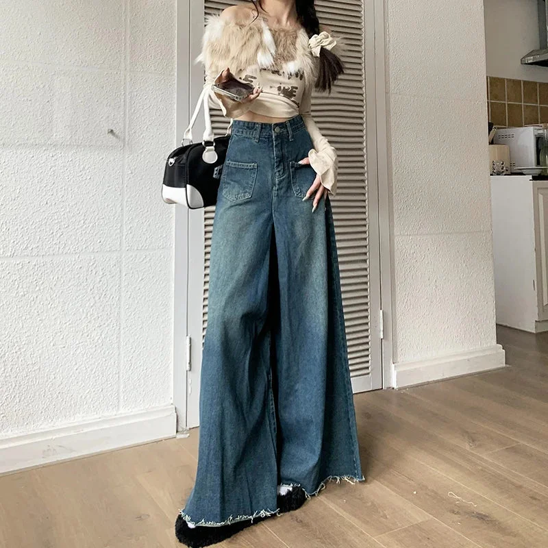 Wide-Legged Trousers Female New Burlap Design Versatile Loose Thin Skirt Jeans Women's unclassified skirts