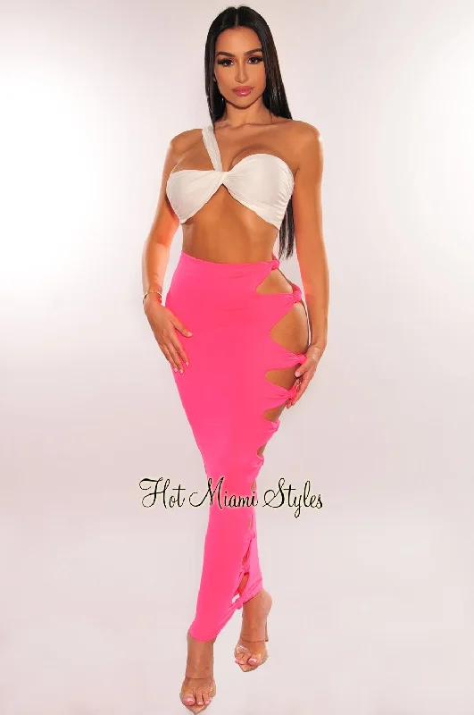 Neon Pink High Waist Cut Out Knotted Slit Skirt Preppy unclassified skirts