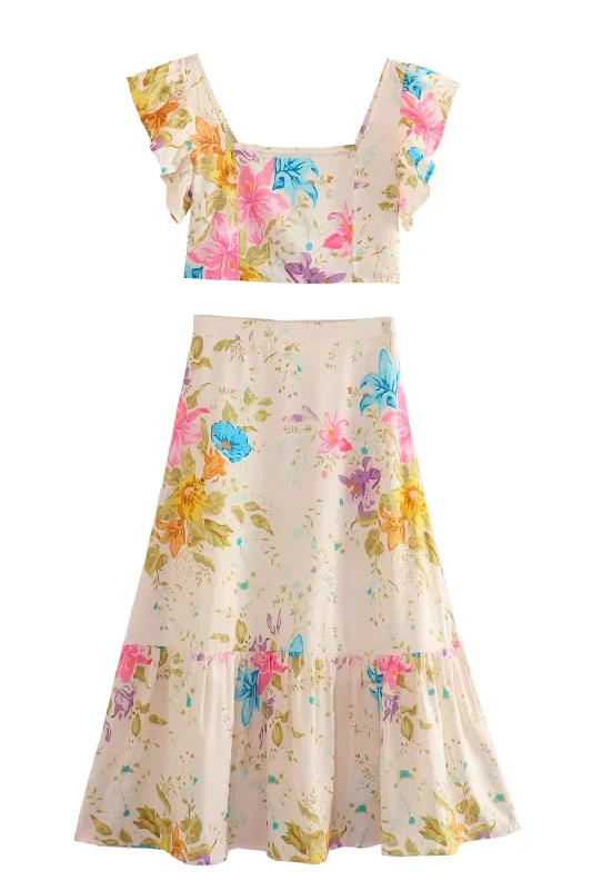 'Rylie' Floral Sleeveless Top & High-Waist Skirt Set Velvet unclassified skirts