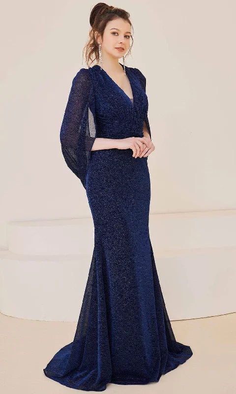 J'Adore Dresses J21023 - Cape Sleeve V-Neck Long Dress Anniversary maxi dresses