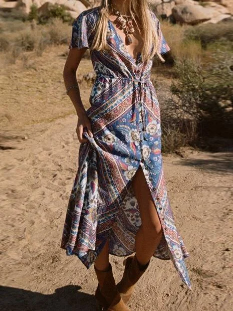 Bohemian Floral V-neck Split Beach Long Dress Birthday floral dresses