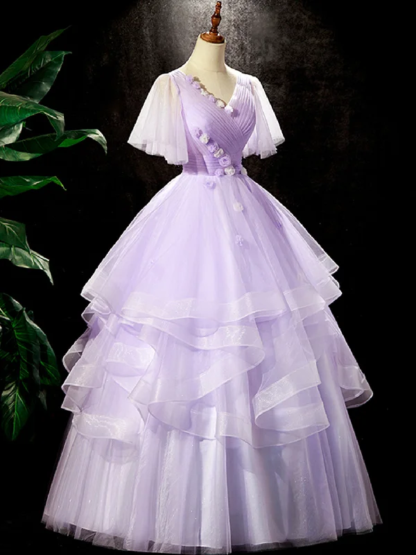 Fairy Purple Floral Floor Length Prom Dress, Beautiful V-Neck Party Birthday Dress High-end floral dresses