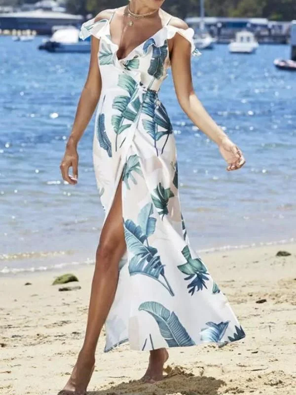 Floral Spaghetti Strap Side Slit Beach Dress Velvet floral dresses