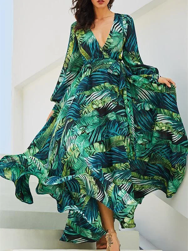 Lantern Sleeve V Collar Leaf Print Dress Elegant floral dresses