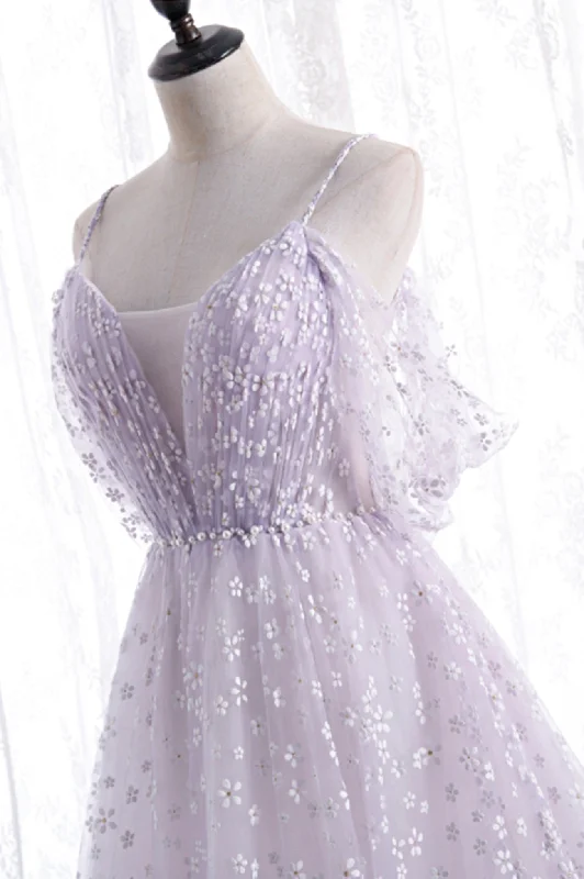 Lovely V-Neck Floral Tulle Long Prom Dress, Lavender A Line Evening Party Dress Romantic floral dresses