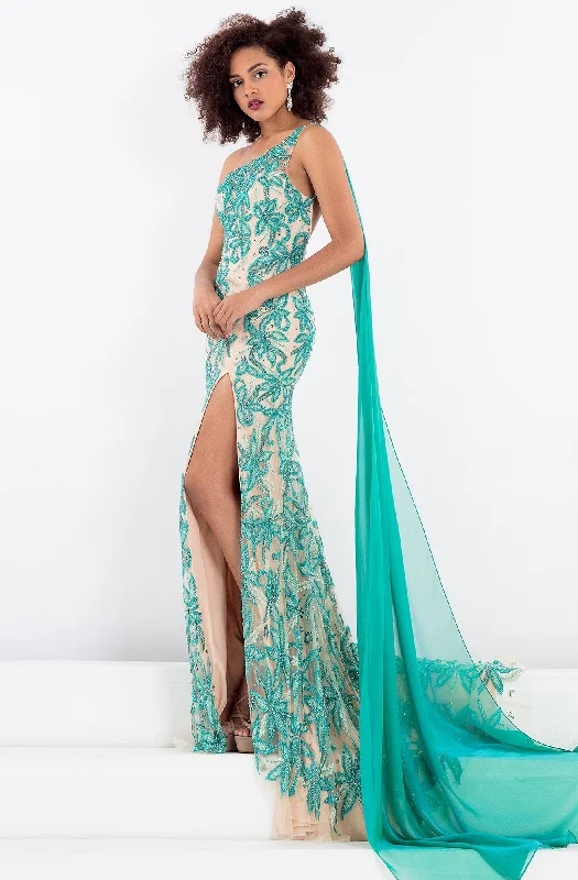 Rachel Allan Prima Donna 5045 - Asymmetrical Floral Gown with Slit Must-have floral dresses for this season