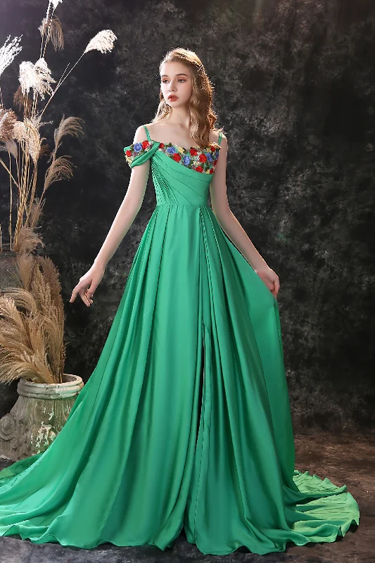 Satin Floral Applique High Split A Line Court Train Corset Prom Dresses outfit Satin floral dresses