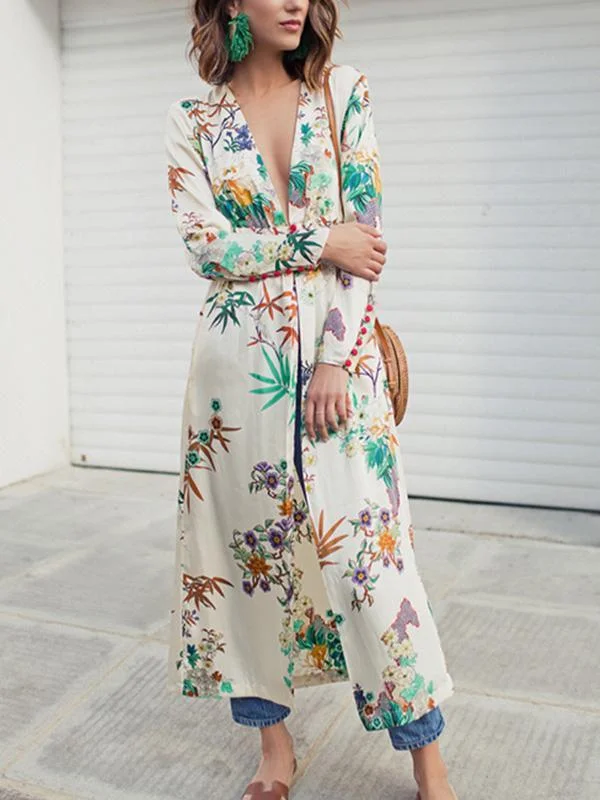 Sexy Boho Deep V Neck Floral Printed Long Sleeves Dress Budget-friendly floral dresses