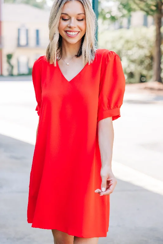 At First Sight Tomato Red Puff Sleeve Dress Pastel unclassified dresses