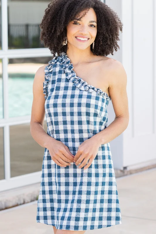 Clear Skies Above Navy Blue Gingham Dress Flowy unclassified dresses